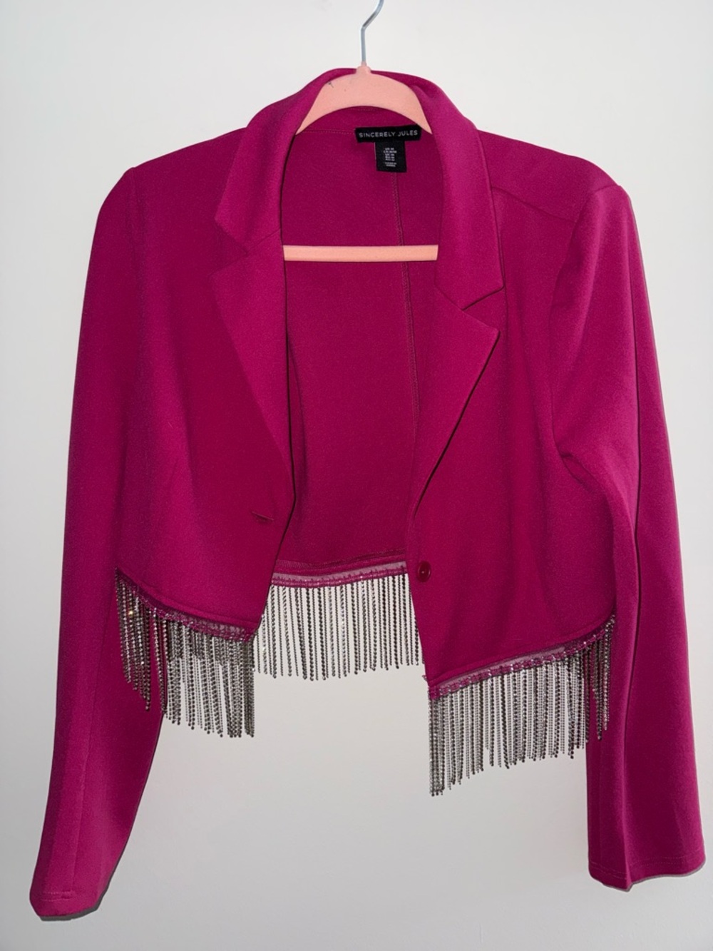 Sincerly Jules Women's Magenta Cropped Blazer with Metallic Fringe